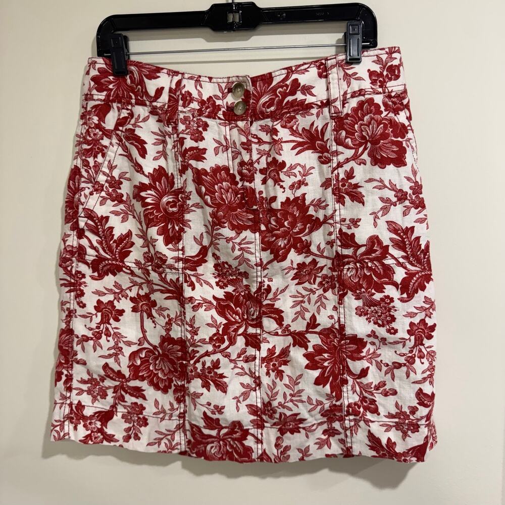 Ann Taylor Womens Red White Floral 100% Linen Mini Pencil Skirt Size 10 Pockets